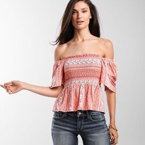 Gypsies and Moondust Off Shoulder Smocked Smocked Peplum Top | Size S